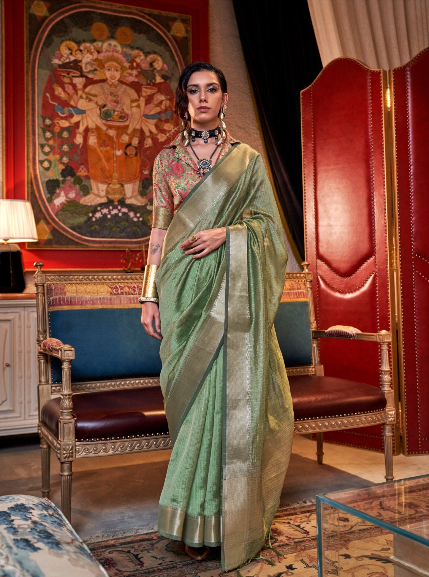 Olive Green Handwoven Moss Chiffon Saree with Heavy Jacquard Blouse