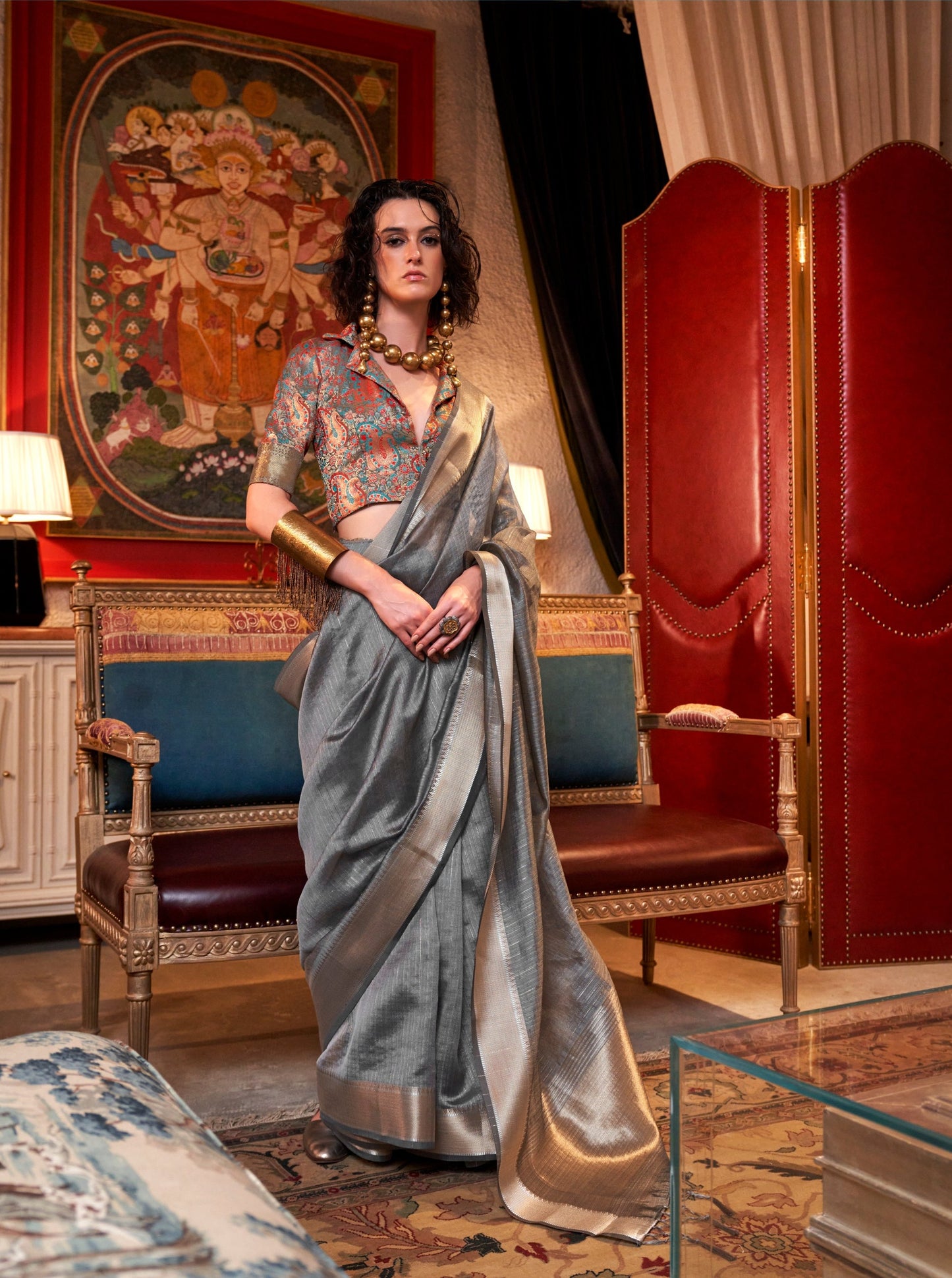 Steel Grey Handwoven Moss Chiffon Saree with Heavy Jacquard Blouse