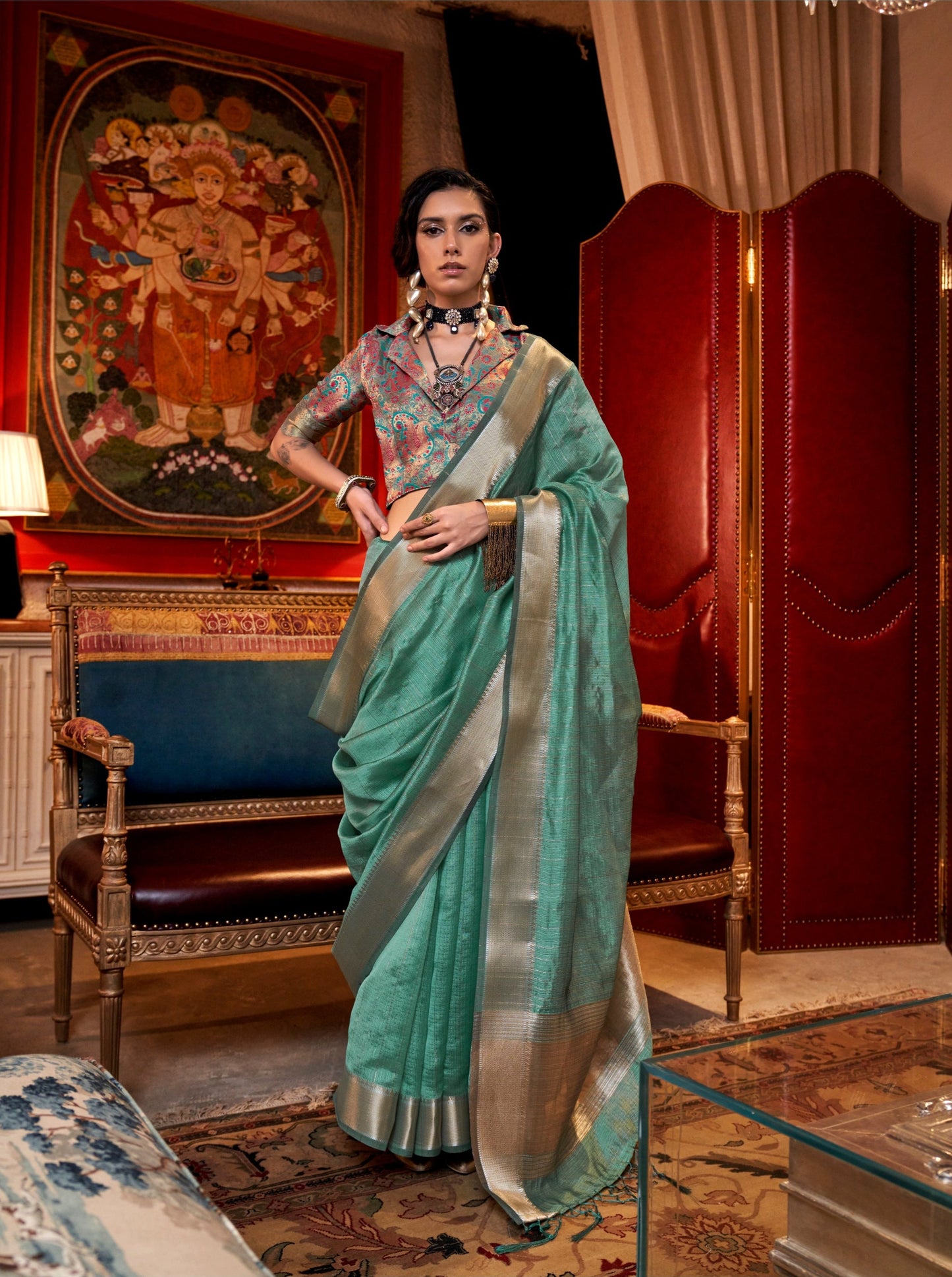 Persian Green Handwoven Moss Chiffon Saree with Heavy Jacquard Blouse