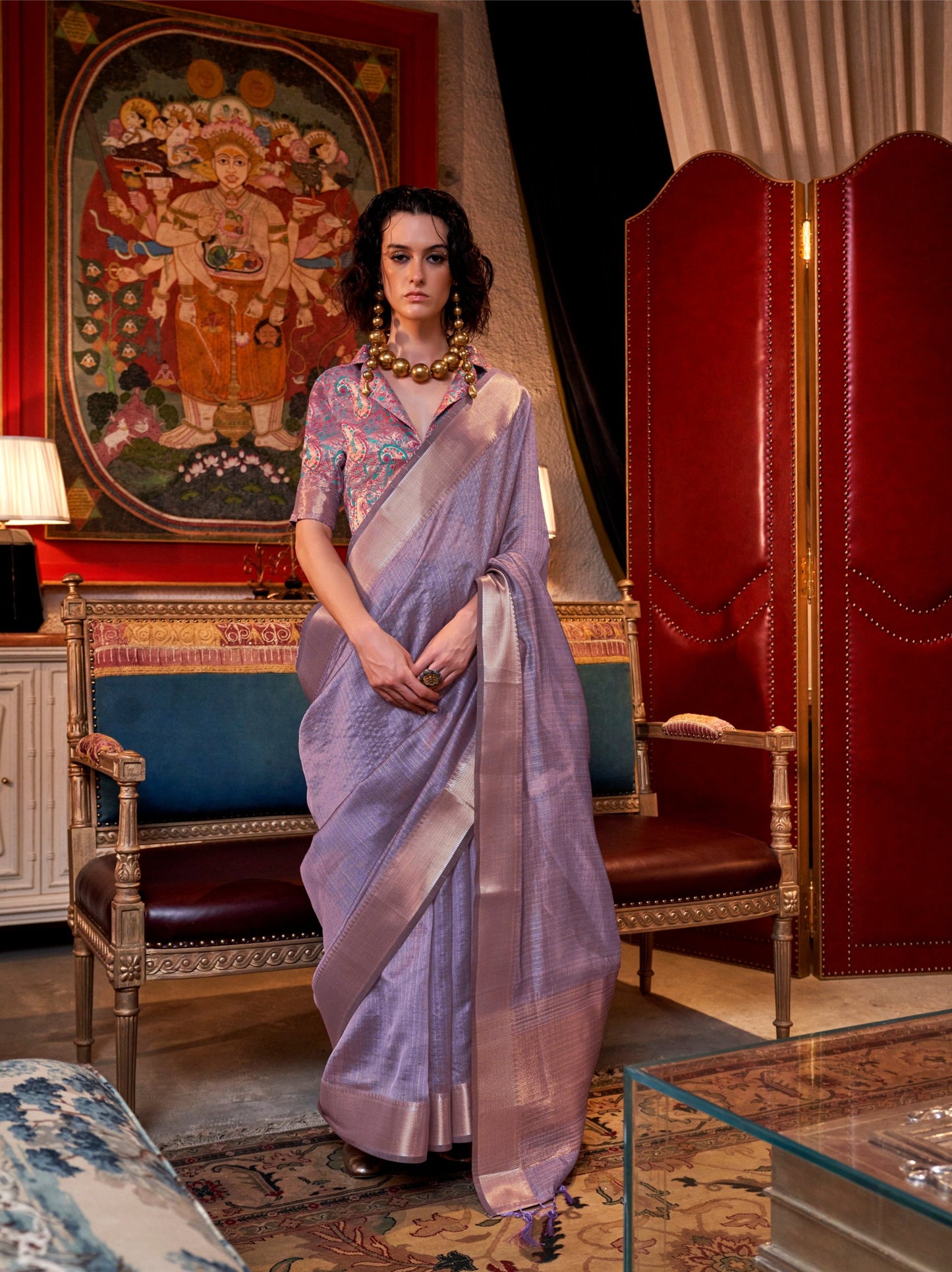 Lavender Handwoven Moss Chiffon Saree with Heavy Jacquard Blouse