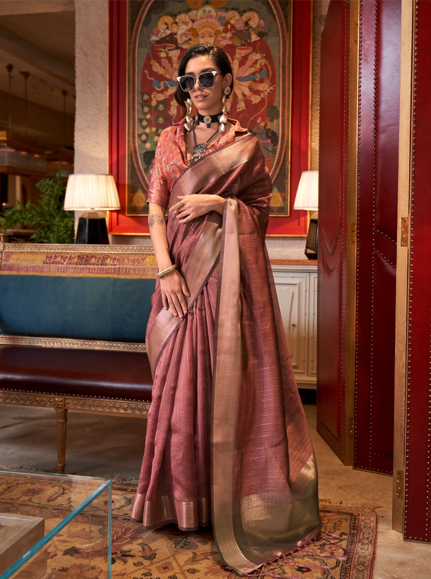 Rustic Peach Handwoven Moss Chiffon Saree with Heavy Jacquard Blouse