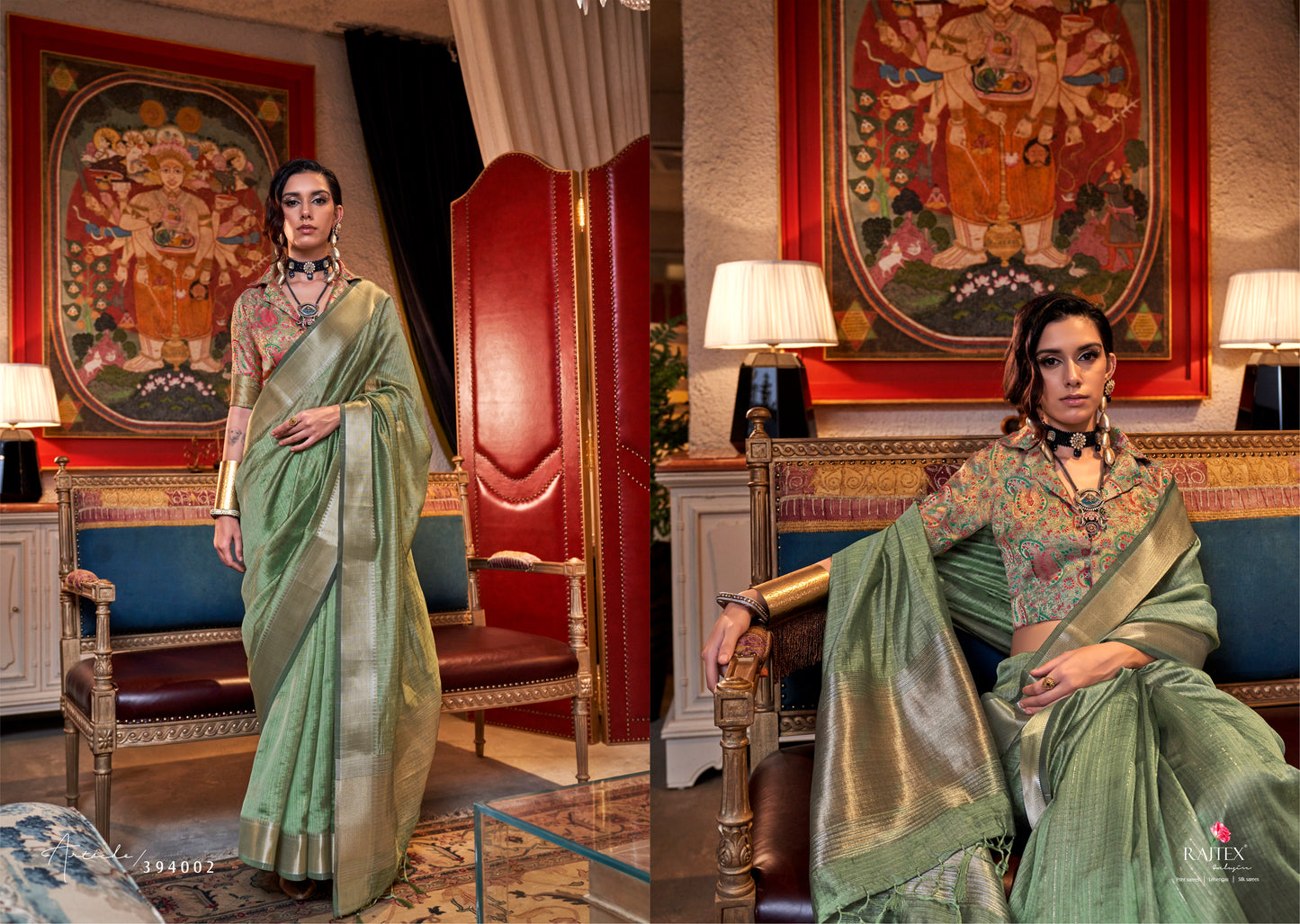 Olive Green Handwoven Moss Chiffon Saree with Heavy Jacquard Blouse