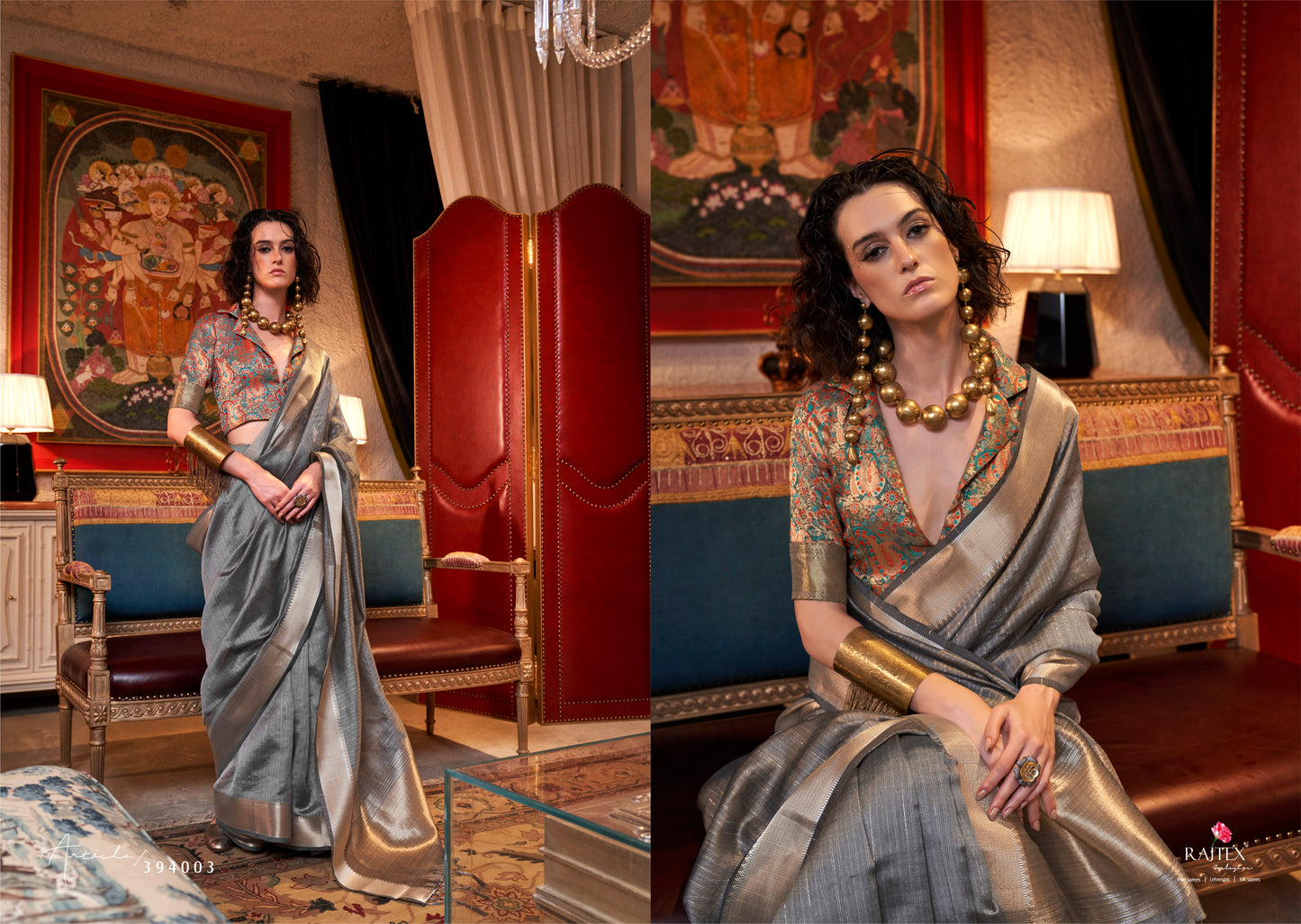 Steel Grey Handwoven Moss Chiffon Saree with Heavy Jacquard Blouse