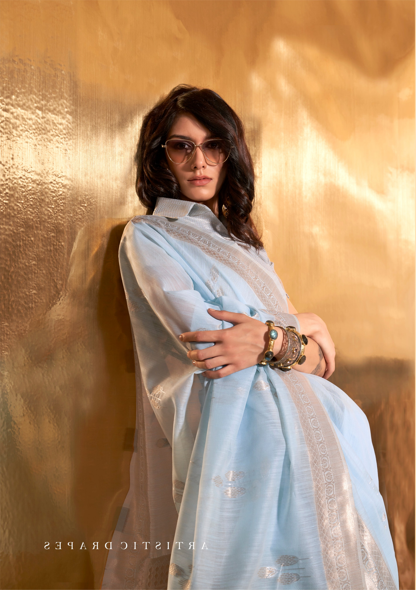 Pastel Sky Blue Handloom Linen Weaving Sarees