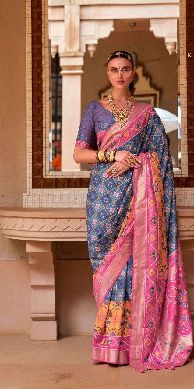 Blue & Pink Patola Silk Saree