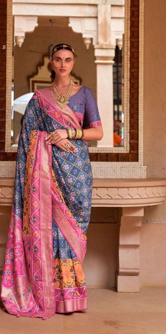 Blue & Pink Patola Silk Saree