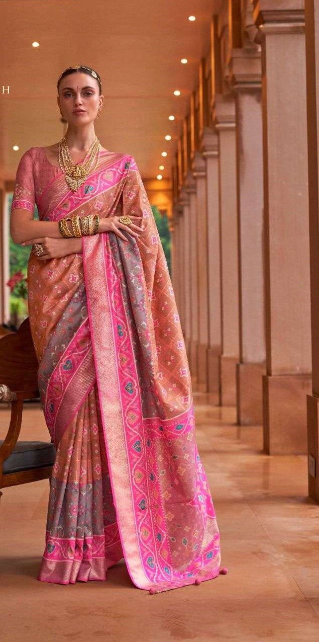 Light Orange & Pink Patola Silk Saree