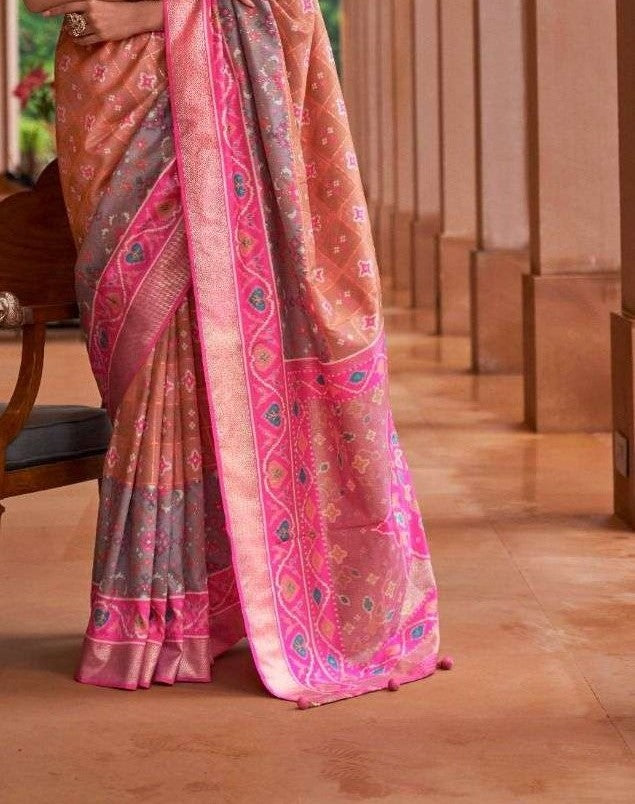 Light Orange & Pink Patola Silk Saree