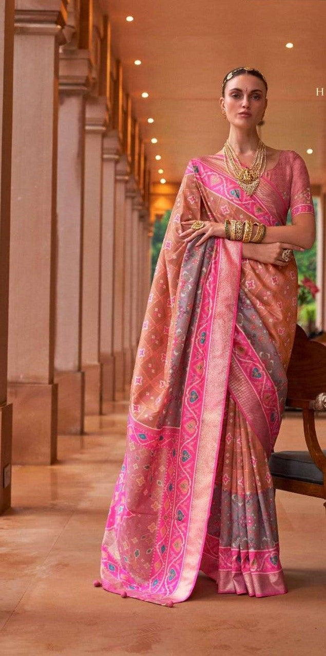 Light Orange & Pink Patola Silk Saree