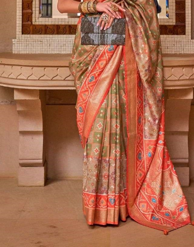 Light Green & Orange Patola Silk Saree