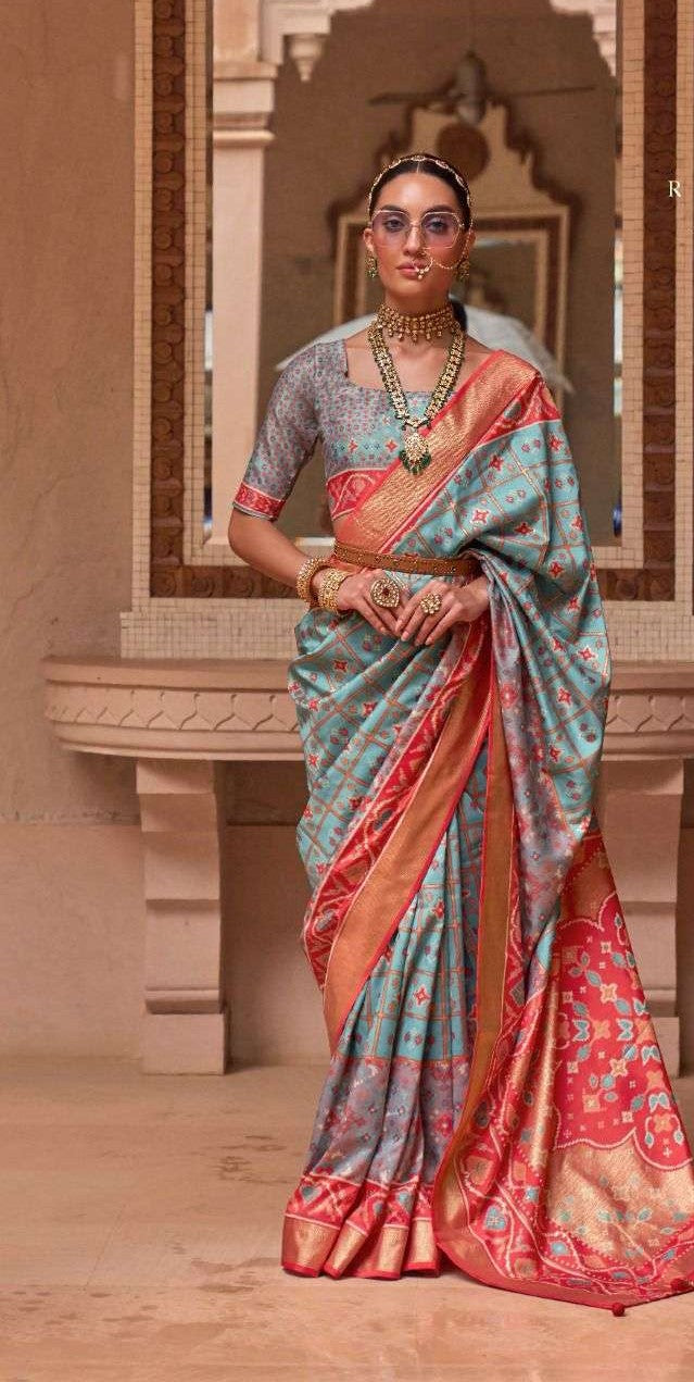Aqua Blue Patola Silk Saree