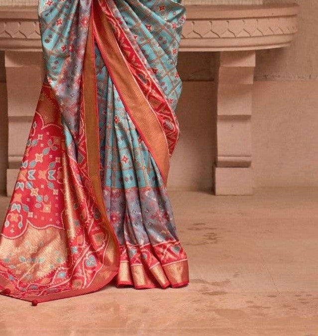 Aqua Blue Patola Silk Saree