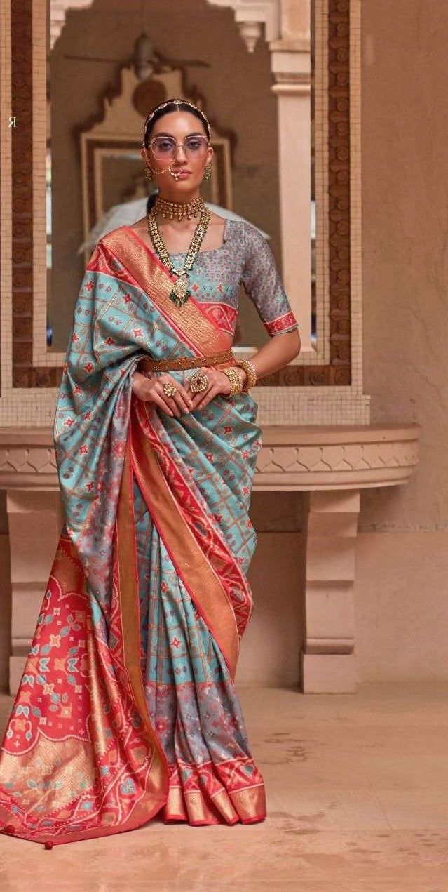 Aqua Blue Patola Silk Saree