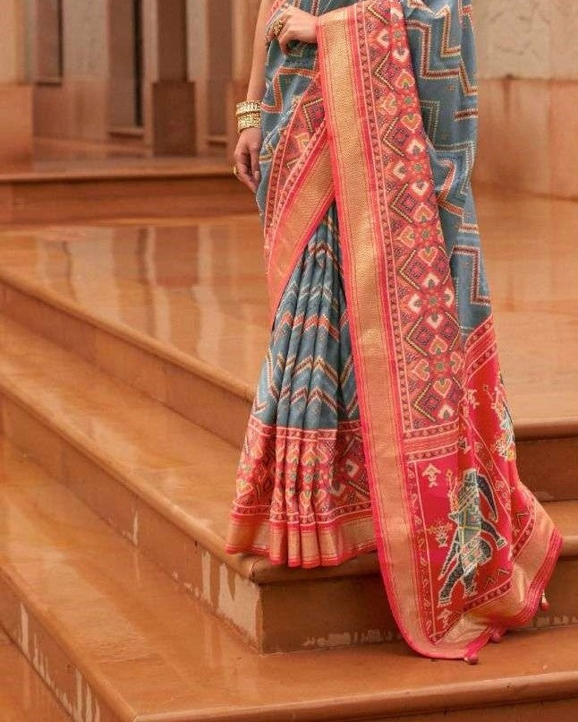 Light Blue Grey Patola Silk Saree