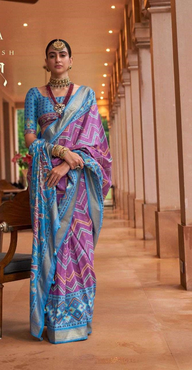 Light Blue & Purple Patola Silk Saree