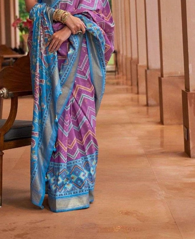 Light Blue & Purple Patola Silk Saree