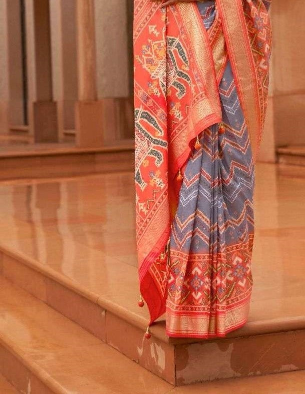 Orange & Grey Patola Silk Saree