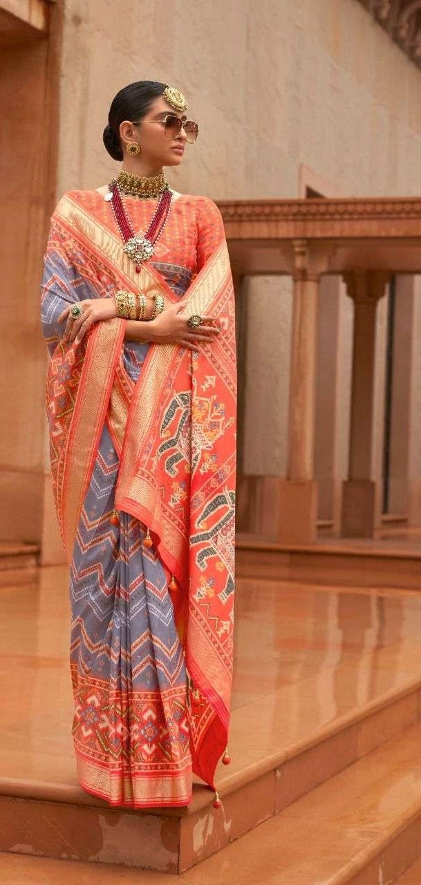 Orange & Grey Patola Silk Saree