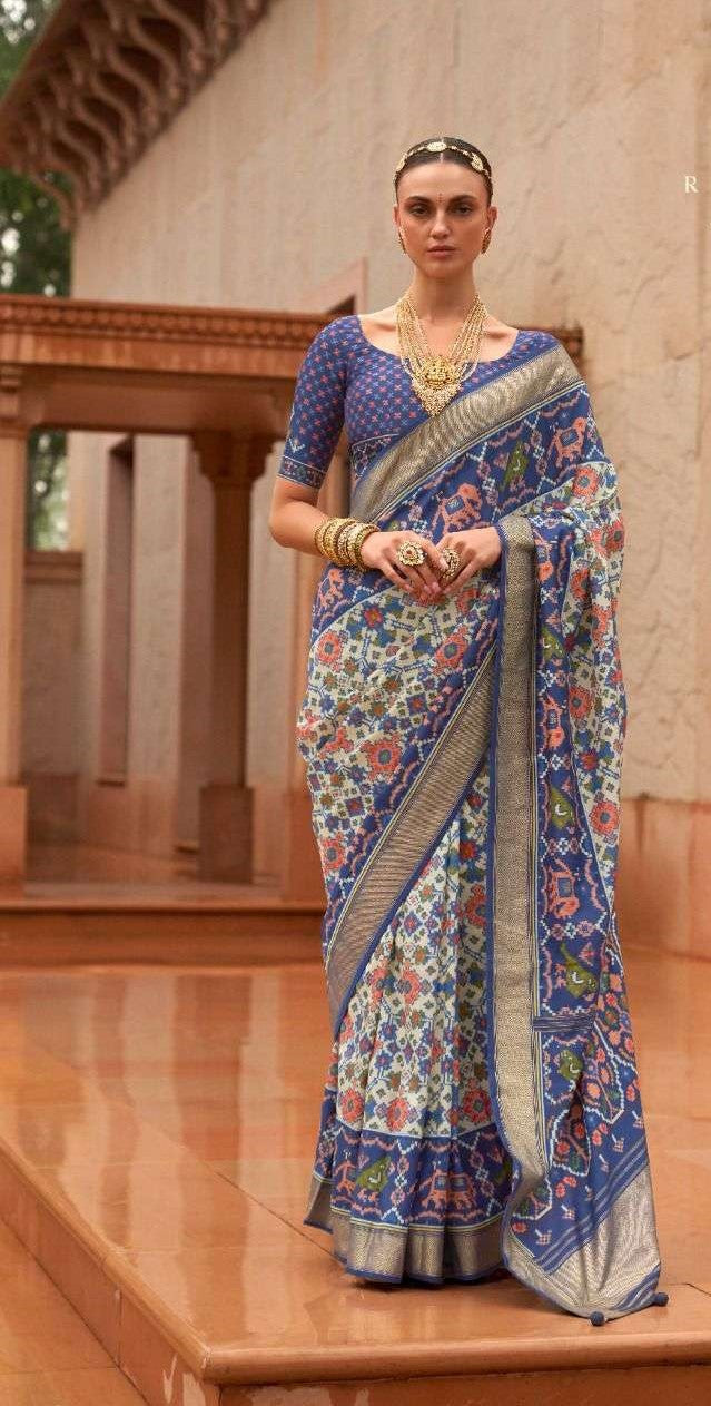 Blue & Cream Patola Silk Saree