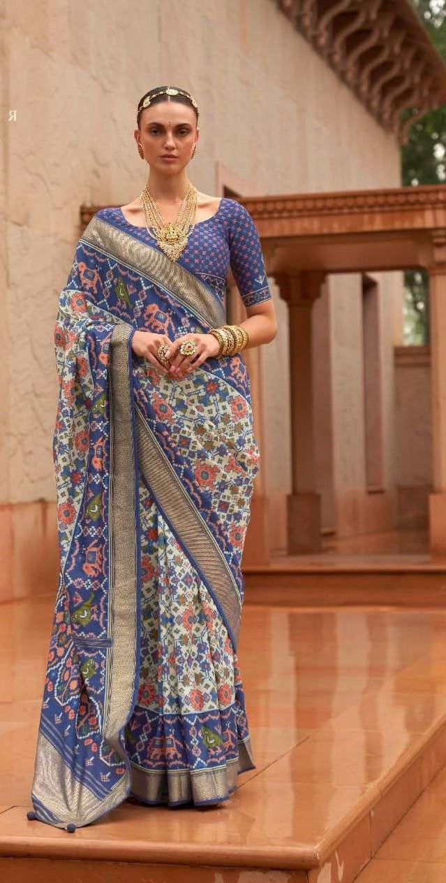 Blue & Cream Patola Silk Saree
