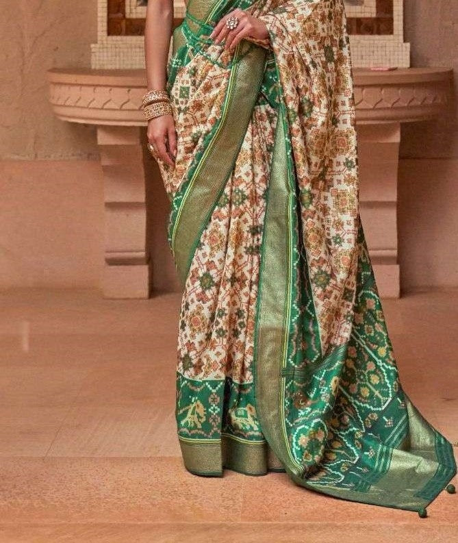 Green & Cream Patola Silk Saree