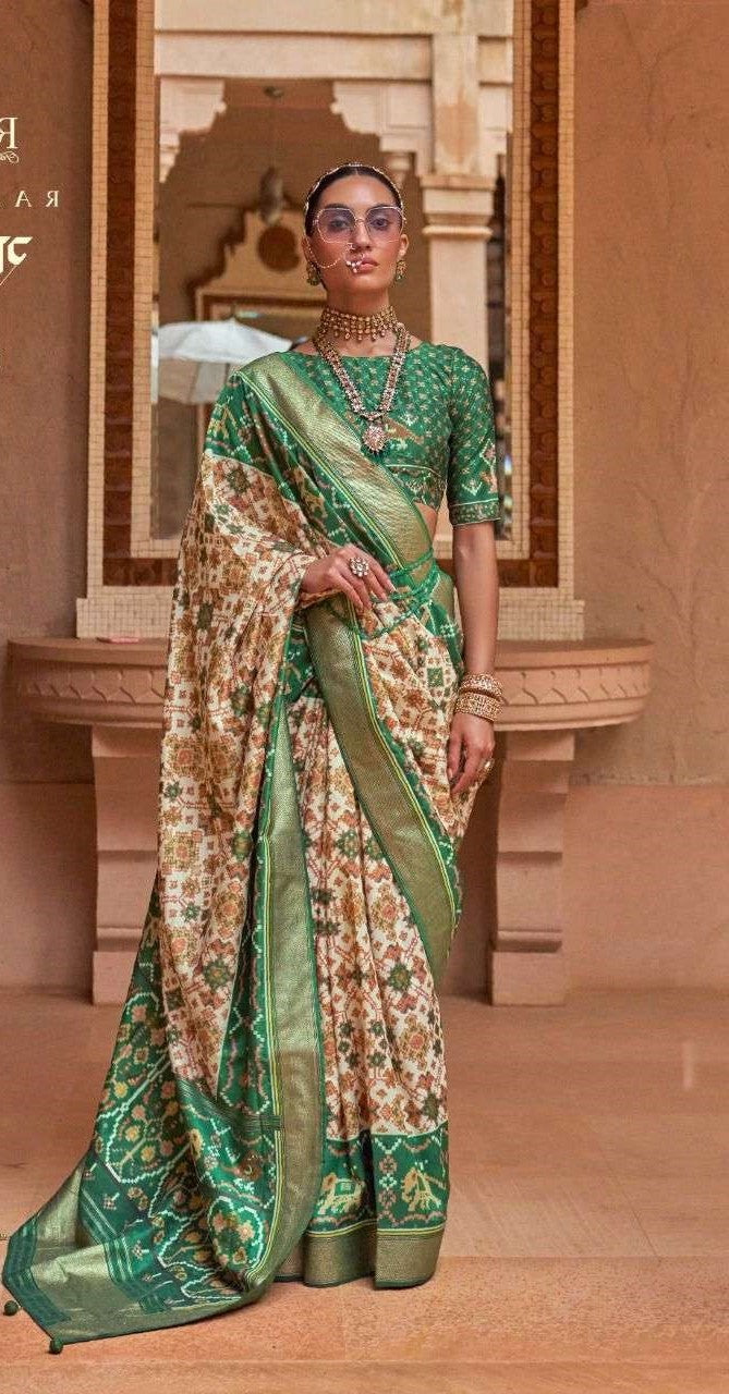 Green & Cream Patola Silk Saree