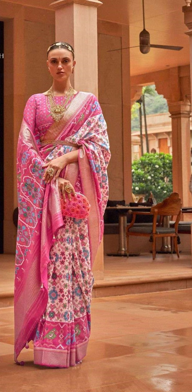 Pink & Cream Patola Silk Saree