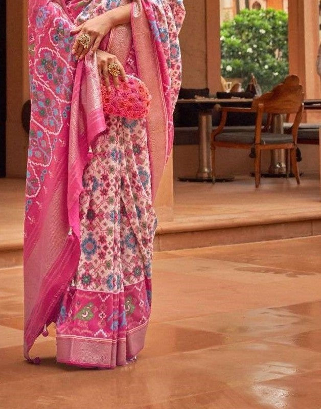 Pink & Cream Patola Silk Saree