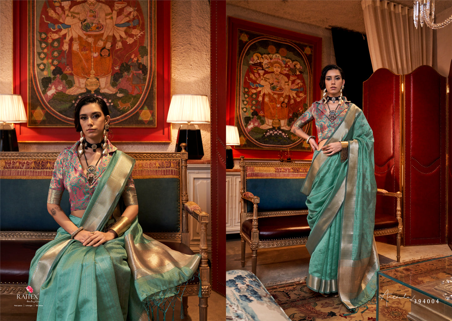 Persian Green Handwoven Moss Chiffon Saree with Heavy Jacquard Blouse