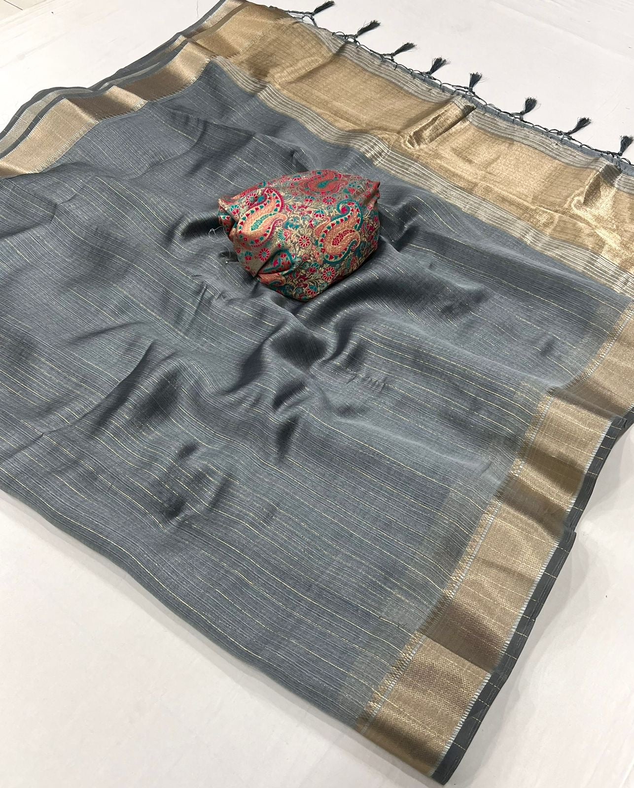 Steel Grey Handwoven Moss Chiffon Saree with Heavy Jacquard Blouse