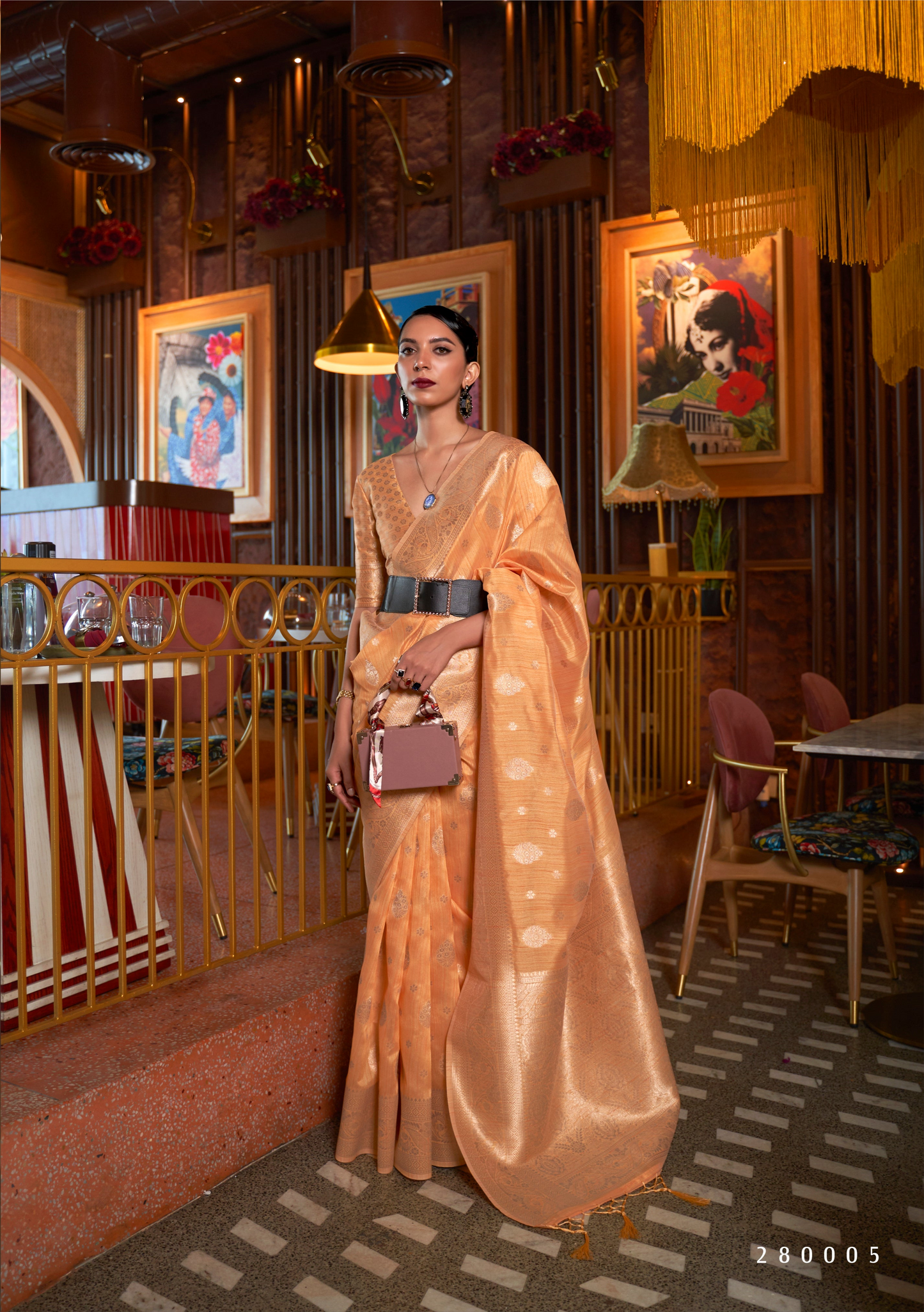 Pastel Orange Tussar Silk Handloom Weaving Saree
