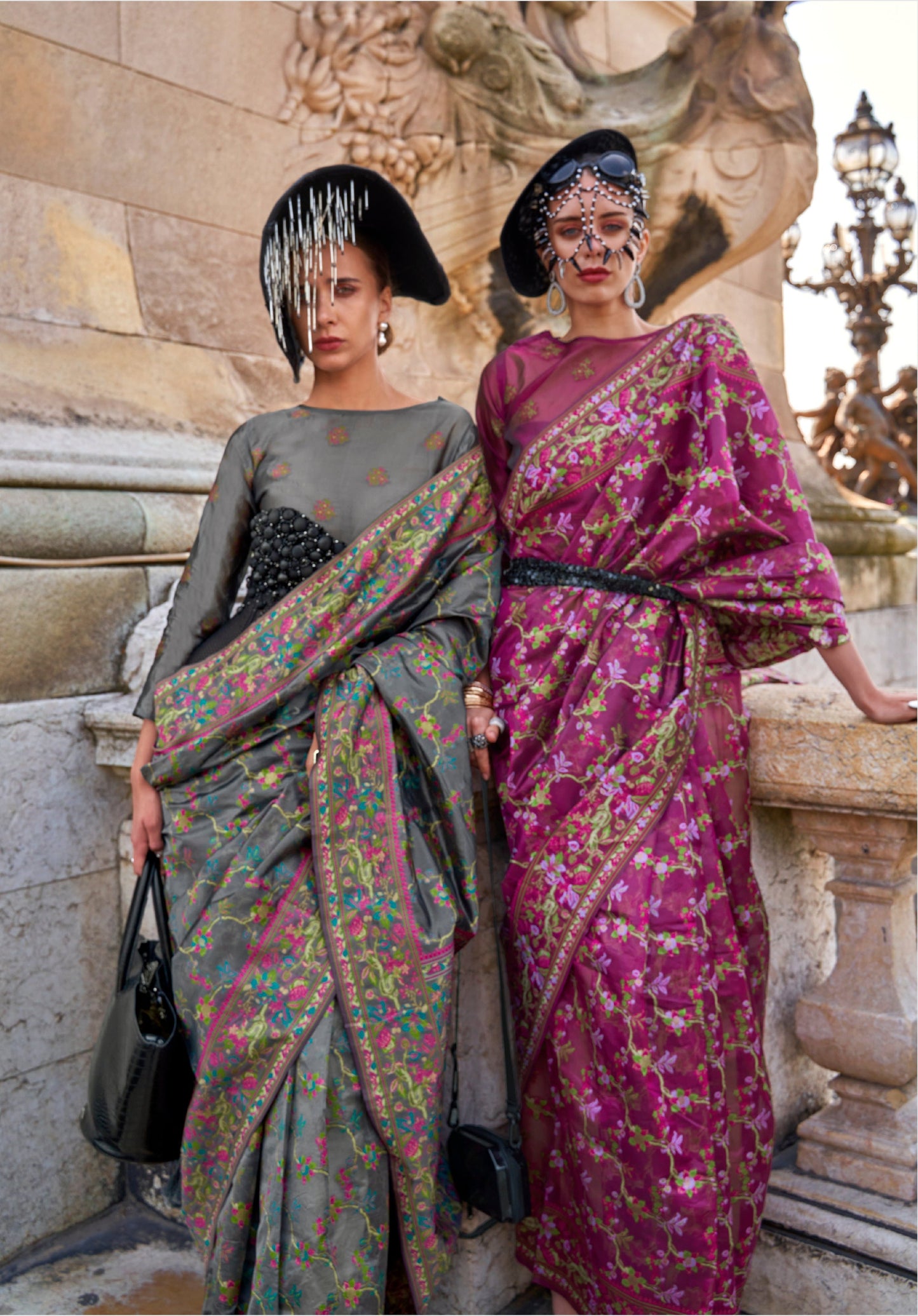 Mauve Pink Organza Parsi Handloom Weaving Saree