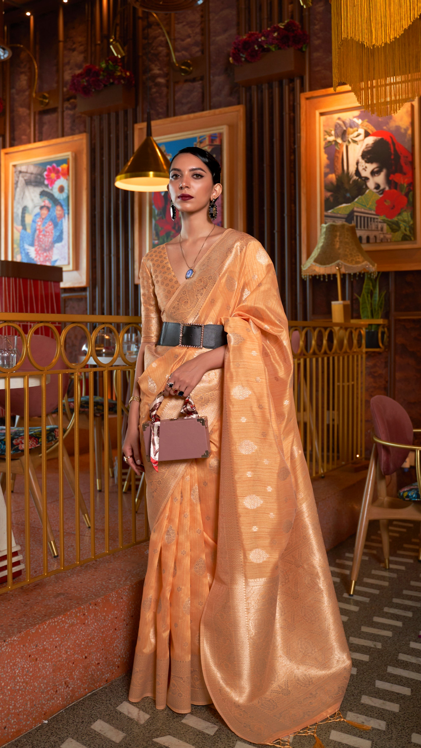 Pastel Orange Tussar Silk Handloom Weaving Saree