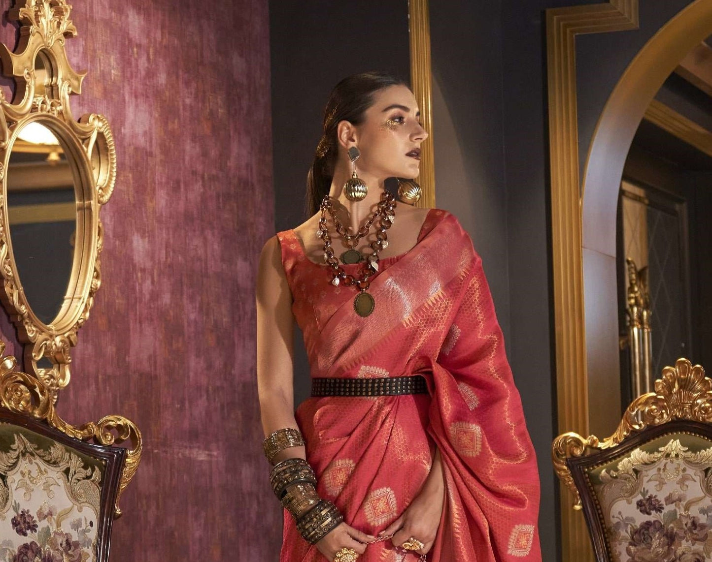 Red Pink Silk Saree