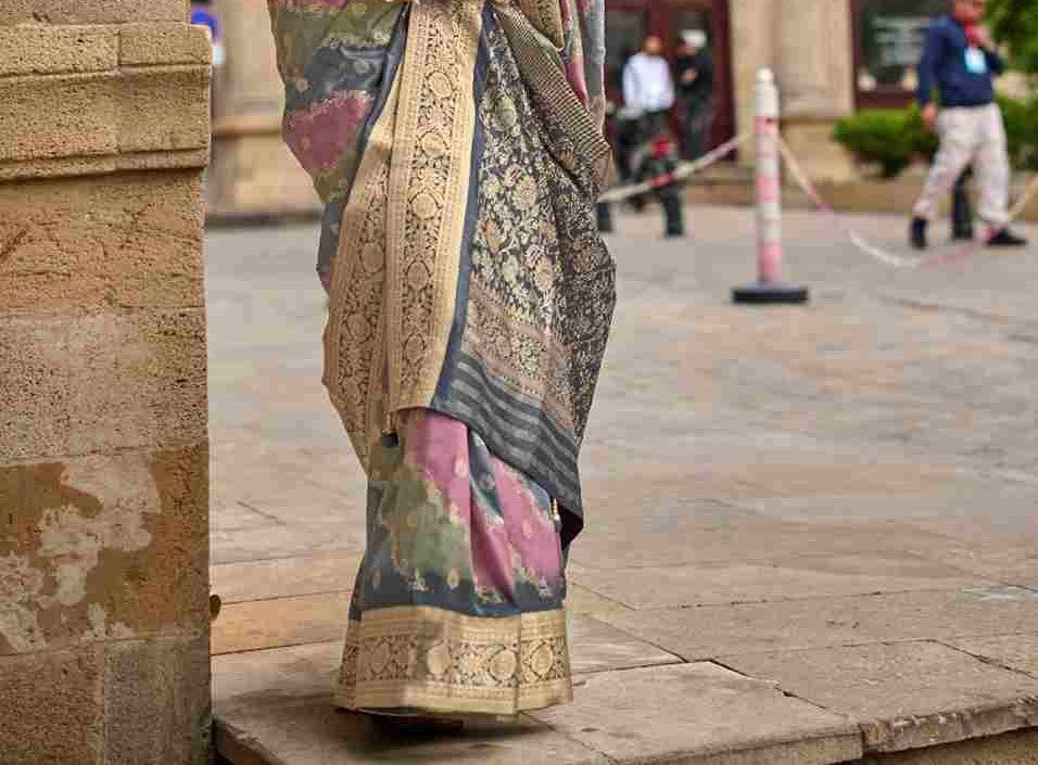 Grey & Pink Silk Saree