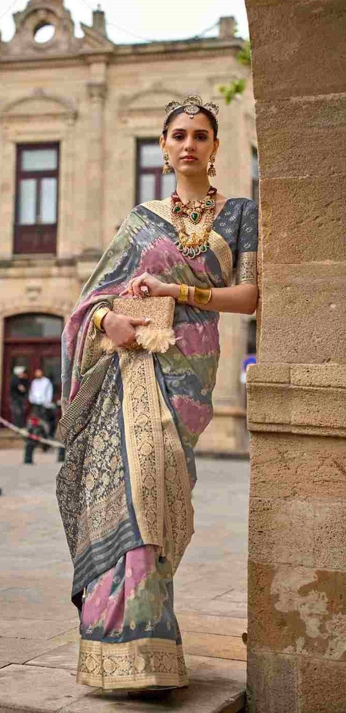 Grey & Pink Silk Saree