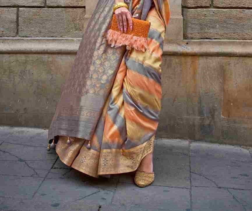 Orange & Grey Silk Saree