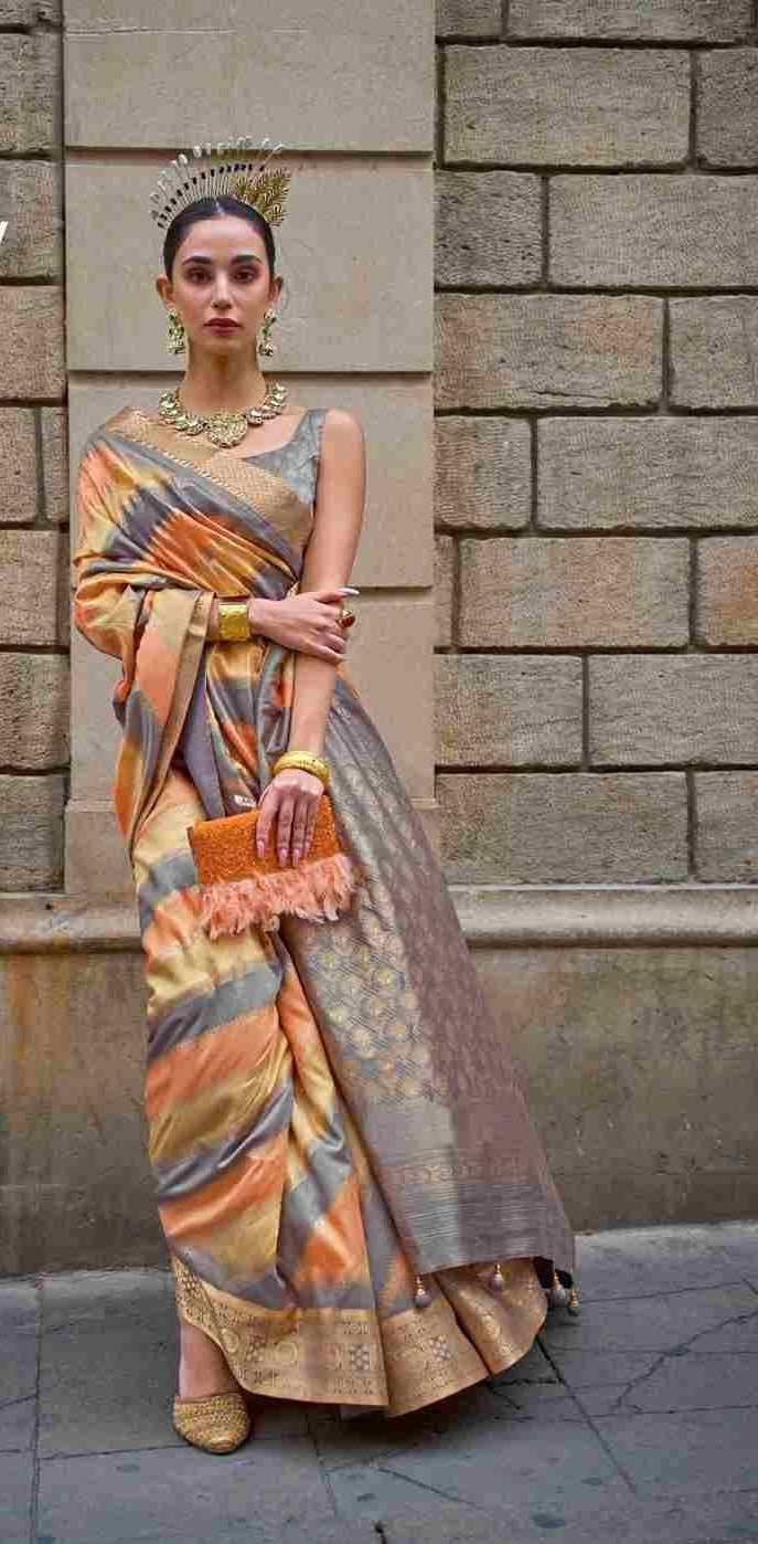 Orange & Grey Silk Saree