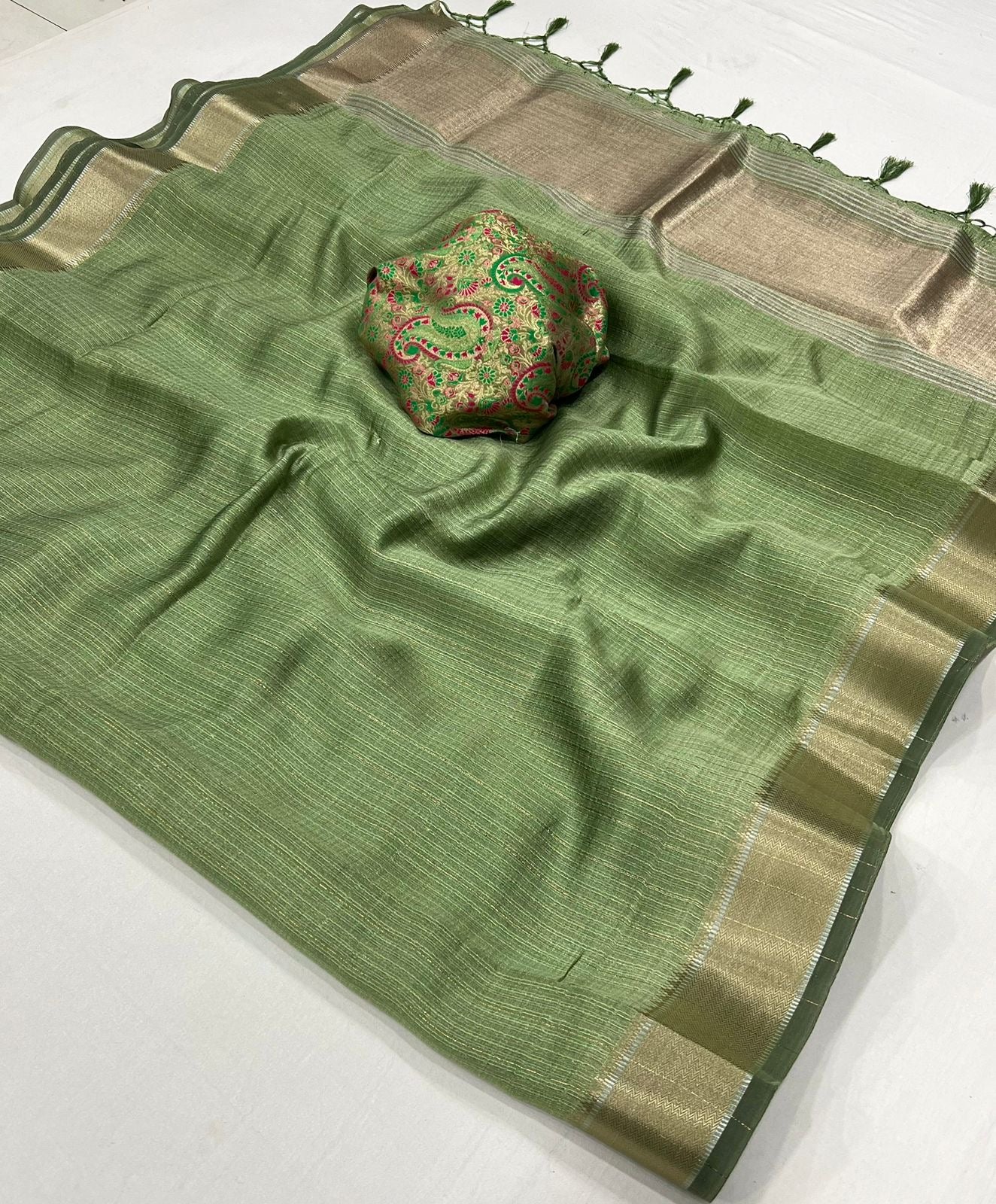 Olive Green Handwoven Moss Chiffon Saree with Heavy Jacquard Blouse