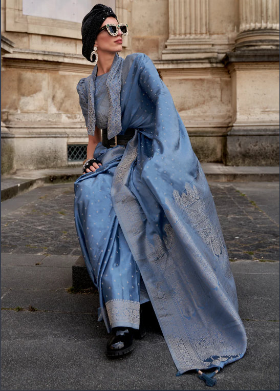 Allure Blue Pure Satin Handloom Weaving Silk Saree