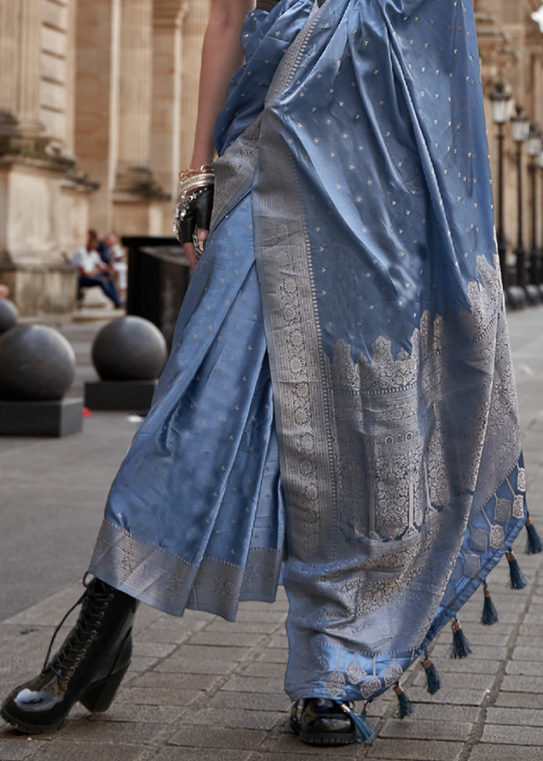 Allure Blue Pure Satin Handloom Weaving Silk Saree