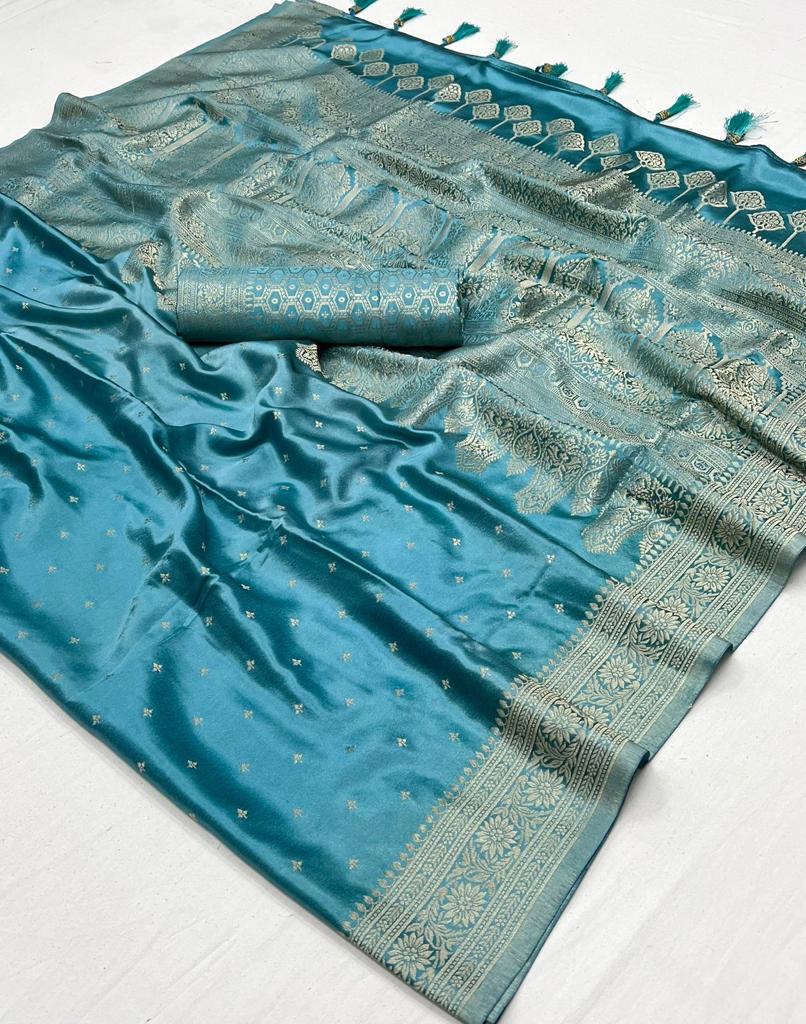 Storm Blue Pure Satin Handloom Weaving Silk Saree
