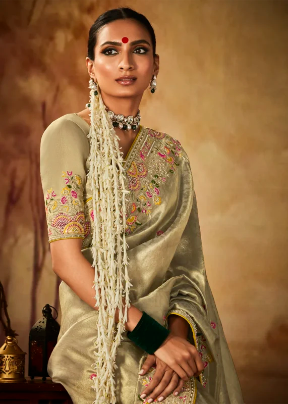 Beige Pure Banarasi Kanjivaram Saree with Heavy Pallu Weaving