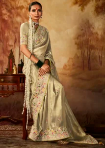 Beige Pure Banarasi Kanjivaram Saree with Heavy Pallu Weaving
