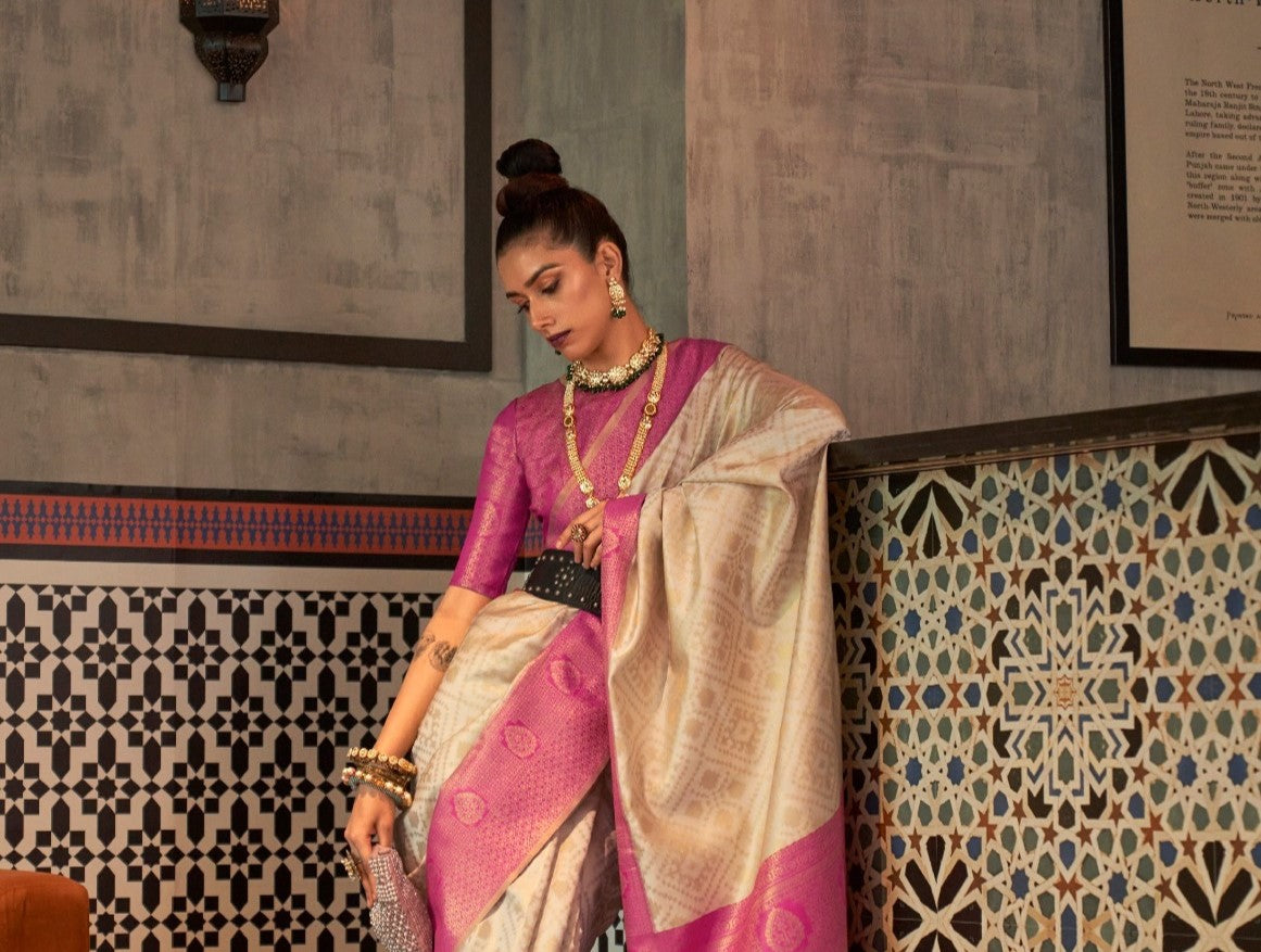 Beige & Pink Zari Base Chaap Handloom Weaving Silk