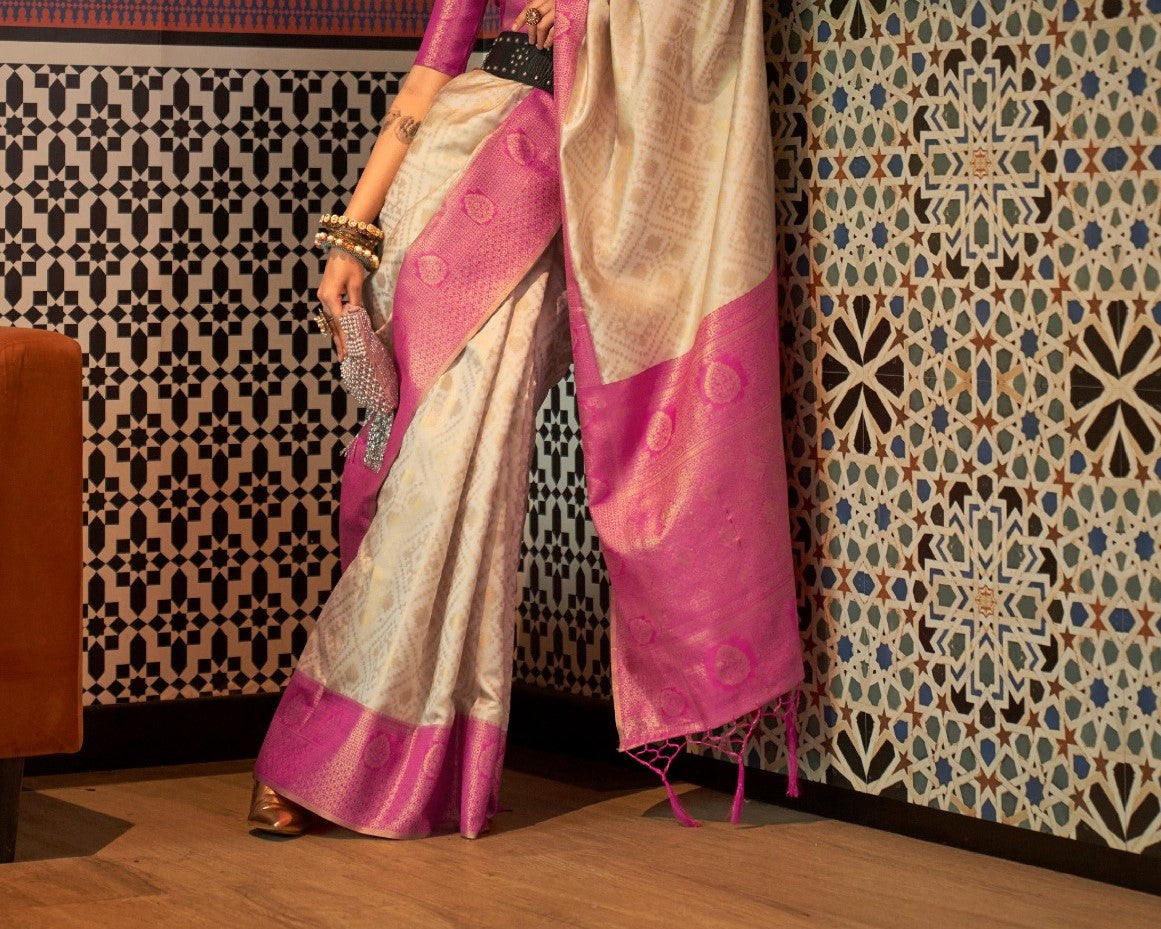Beige & Pink Zari Base Chaap Handloom Weaving Silk