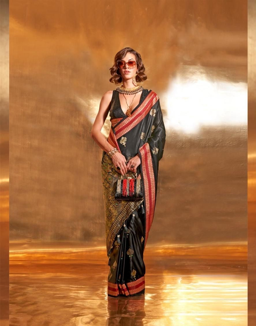 Black Pure Satin Chaap Handloom Weaving Silk