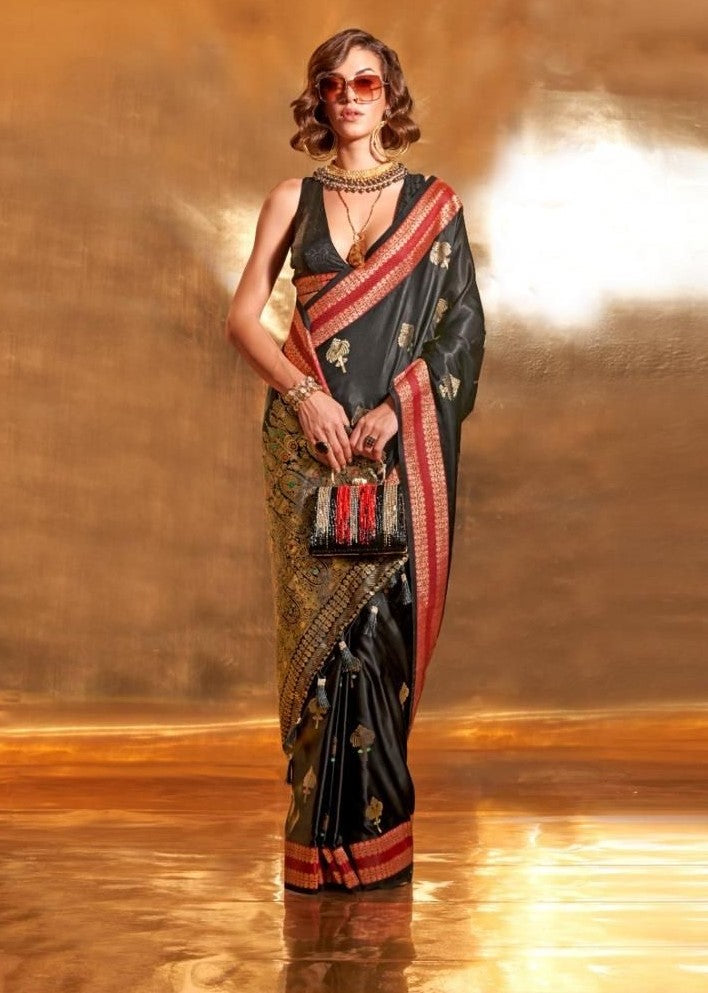Black Pure Satin Chaap Handloom Weaving Silk