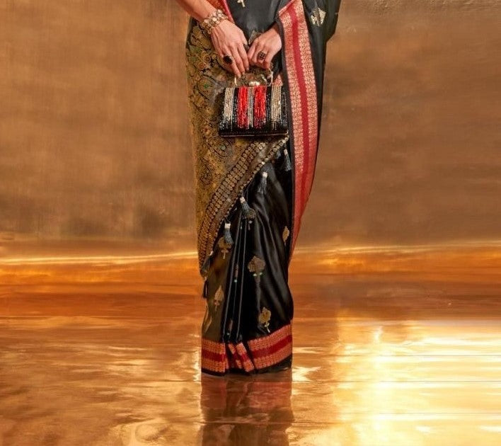 Black Pure Satin Chaap Handloom Weaving Silk