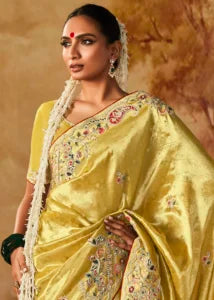 Bright Yellow Pure Banarasi Kanjivaram Saree with Heavy Pallu Weaving
